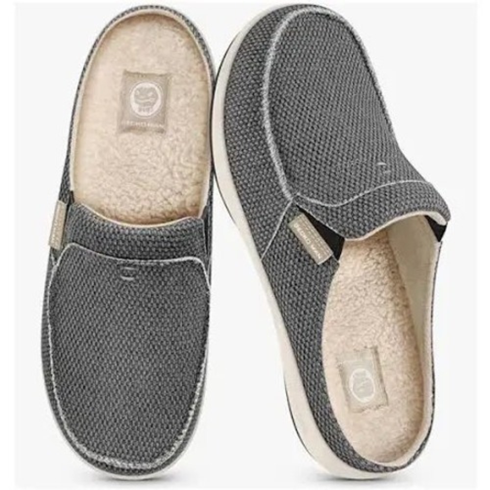 Gecko Man Slipper MulesArch Support Mens 11 Charcoal Gray Canvas Faux Fur Lining